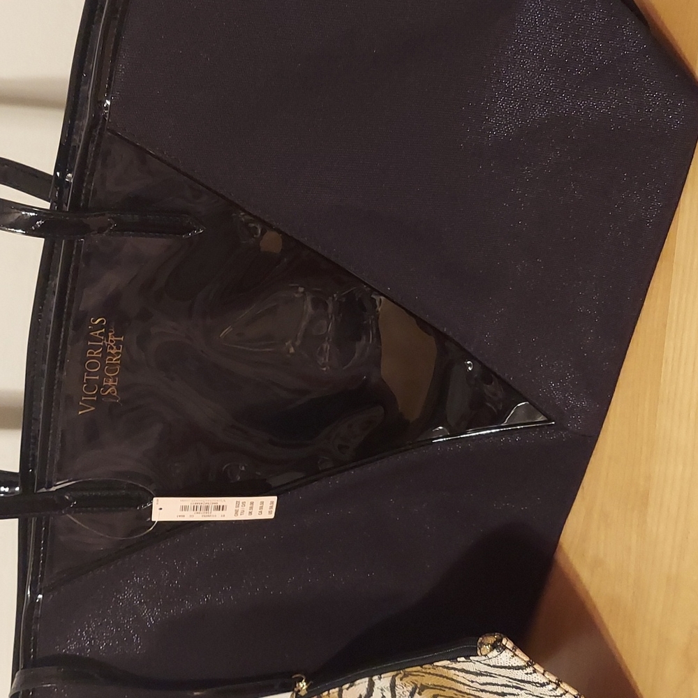 Victoria's Secret Love Victoria Black Shimmer Tote Bag with Attached Pouch - Picture 5 of 16